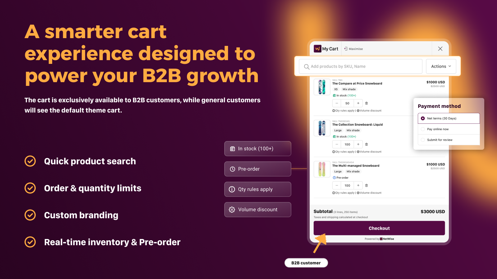 NetWise smart B2B cart for Shopify with SKU search and bulk add